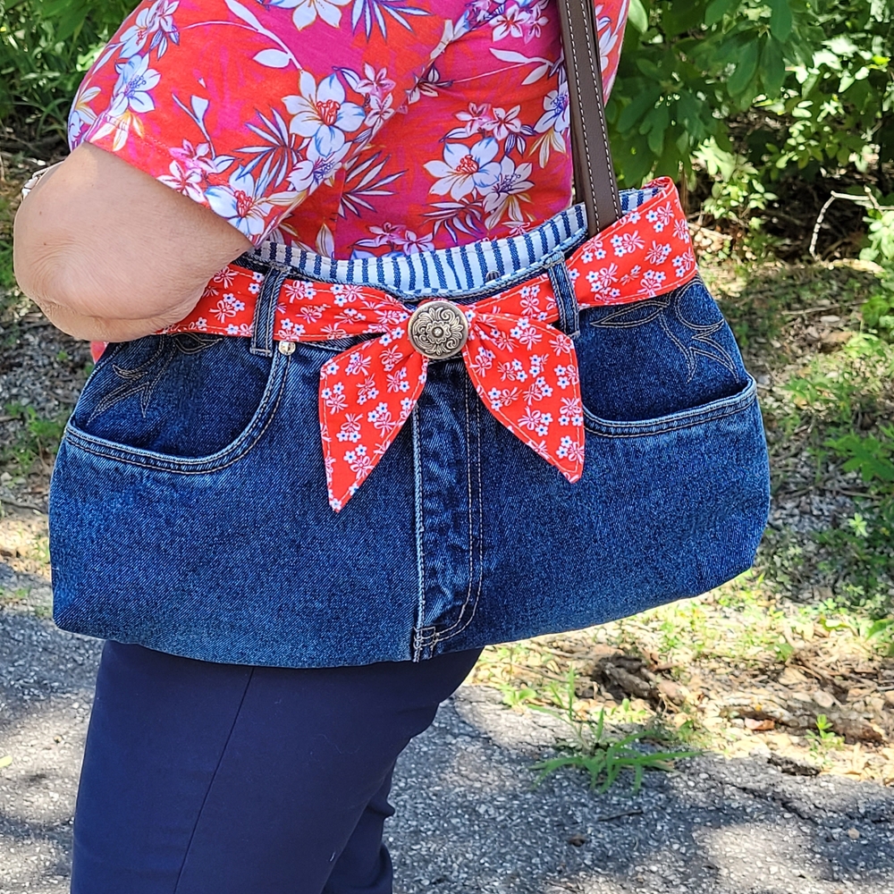 Handcrafted Upcycled Denim and Red Floral Jeans Bag